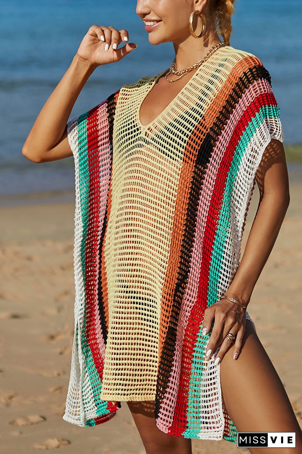 Rainbow Colorblock Splicing Beach Cover Up