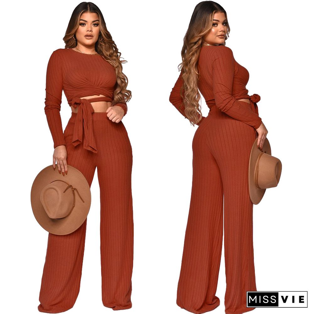 Ribbed Lace Up Crop Tops Wide Leg Pants Set