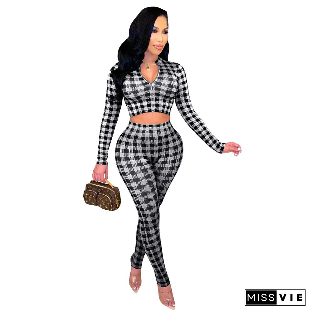 Plaid Crop Top Bodycon Pencil Pants Two Piece Set