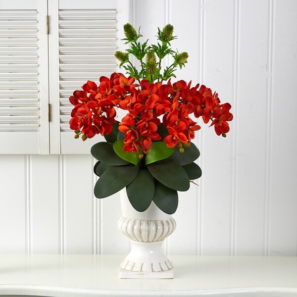 27 Phalaenopsis Orchid and Thistle Artificial Arrangement in Urn