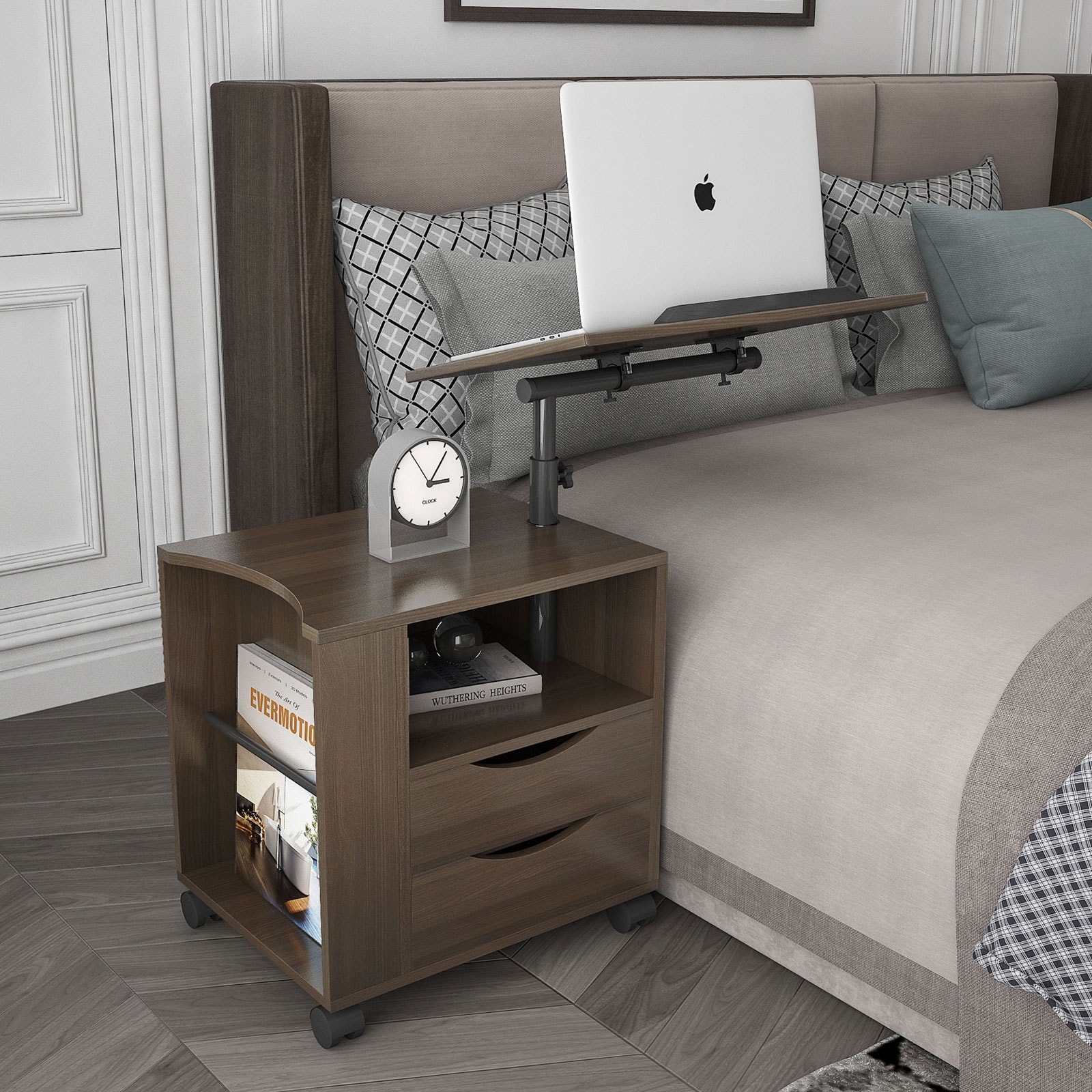 Height Adjustable End Table with Swivel Top， 2 Drawers and Open Storage Shelf