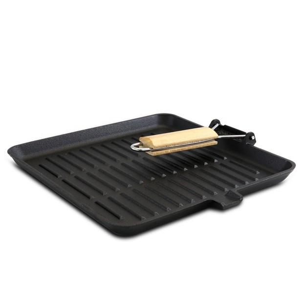 General Store Addlestone 14 Inch Pre seasoned Cast Iron Grill Pan With Foldable Wooden Handle