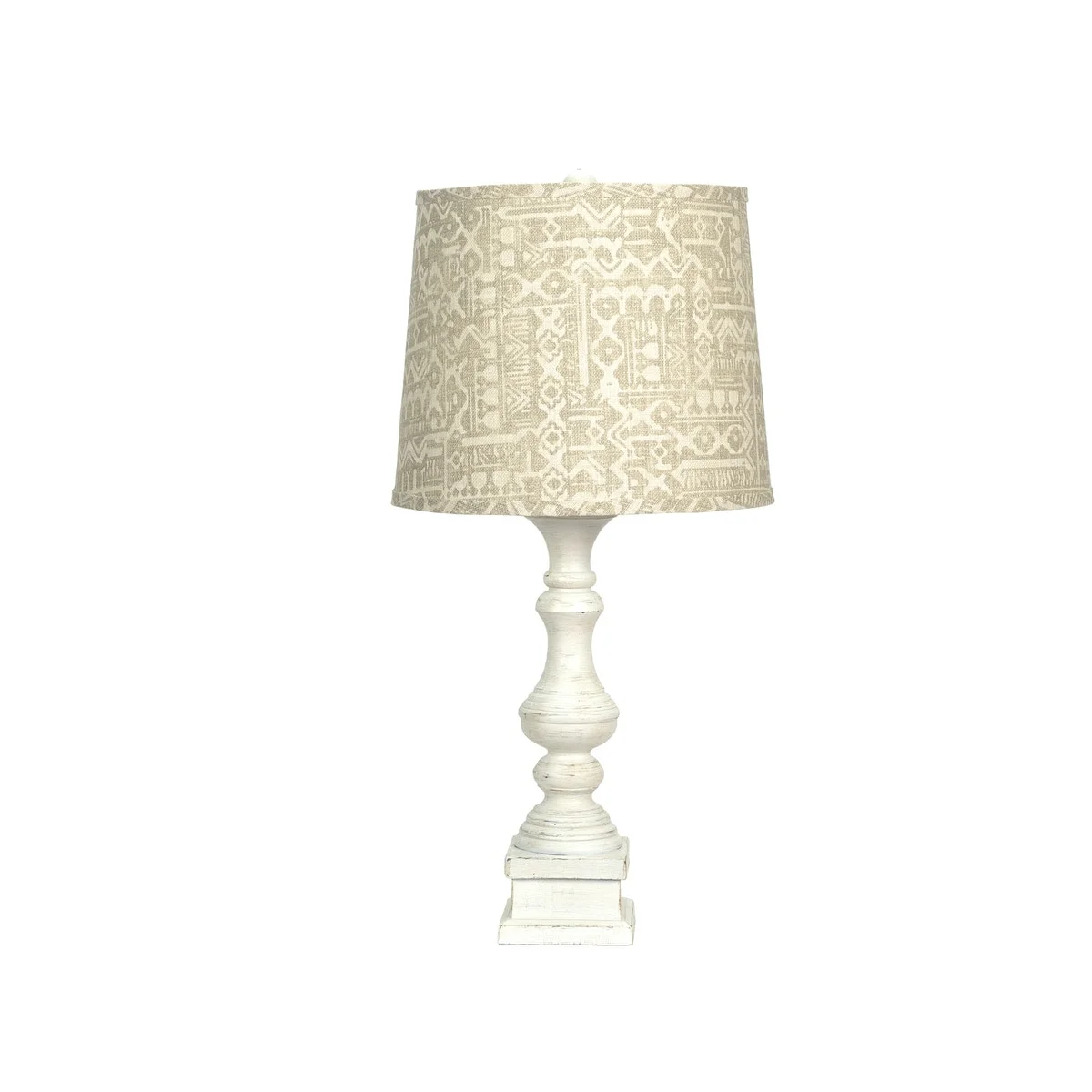 Distressed White Table Lamp with Patterned Tan Linen Shade