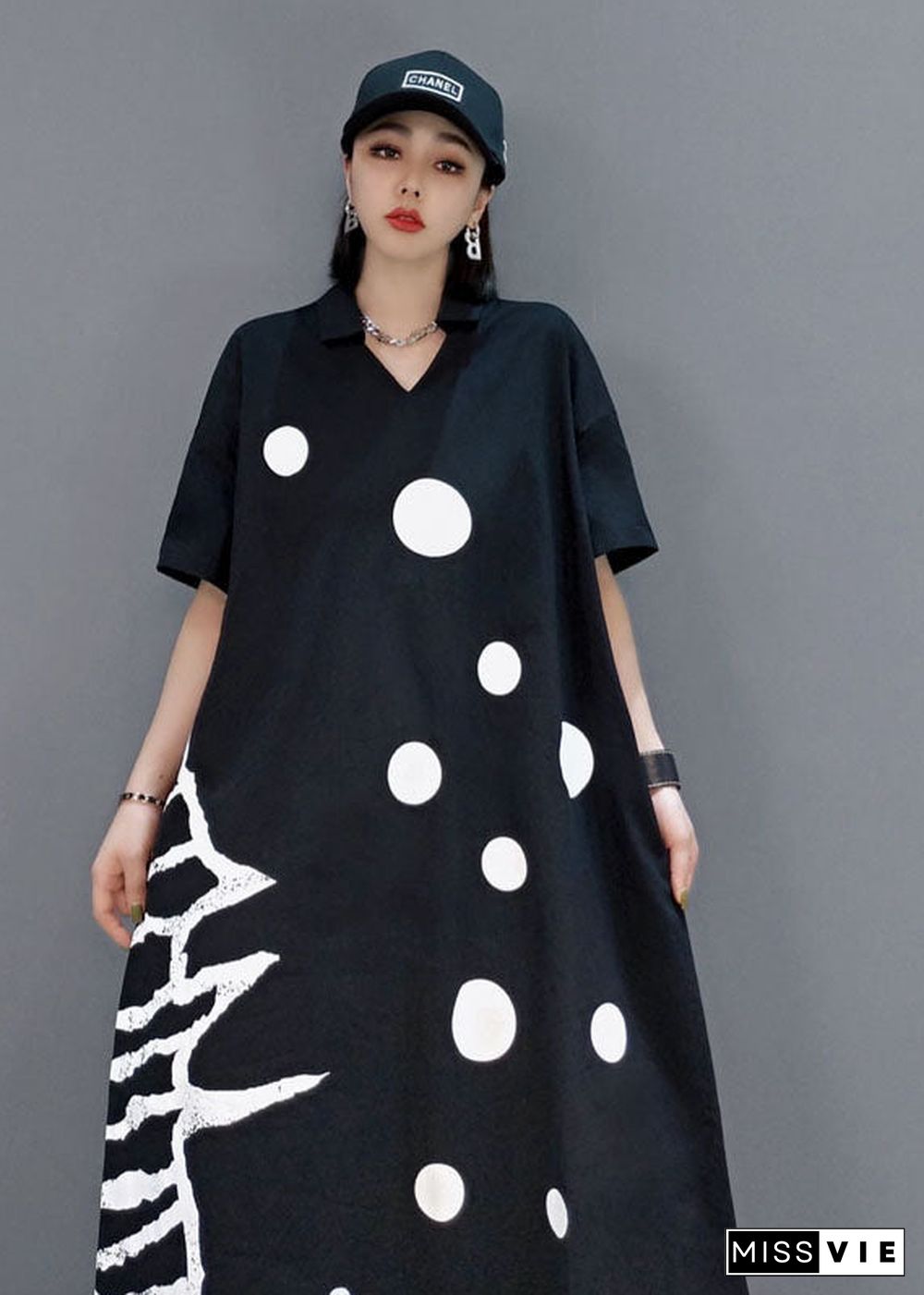 Plus Size Black V Neck dot a line skirts Half Sleeve