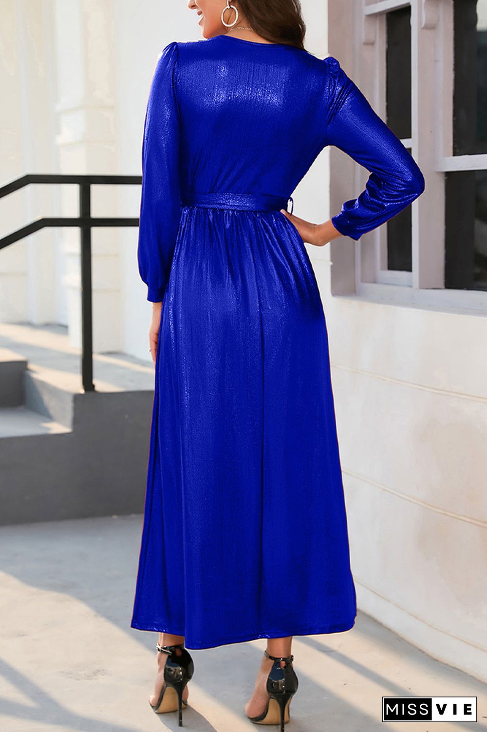 Wrap V Neck Shiny Puffy Sleeves Maxi Dress