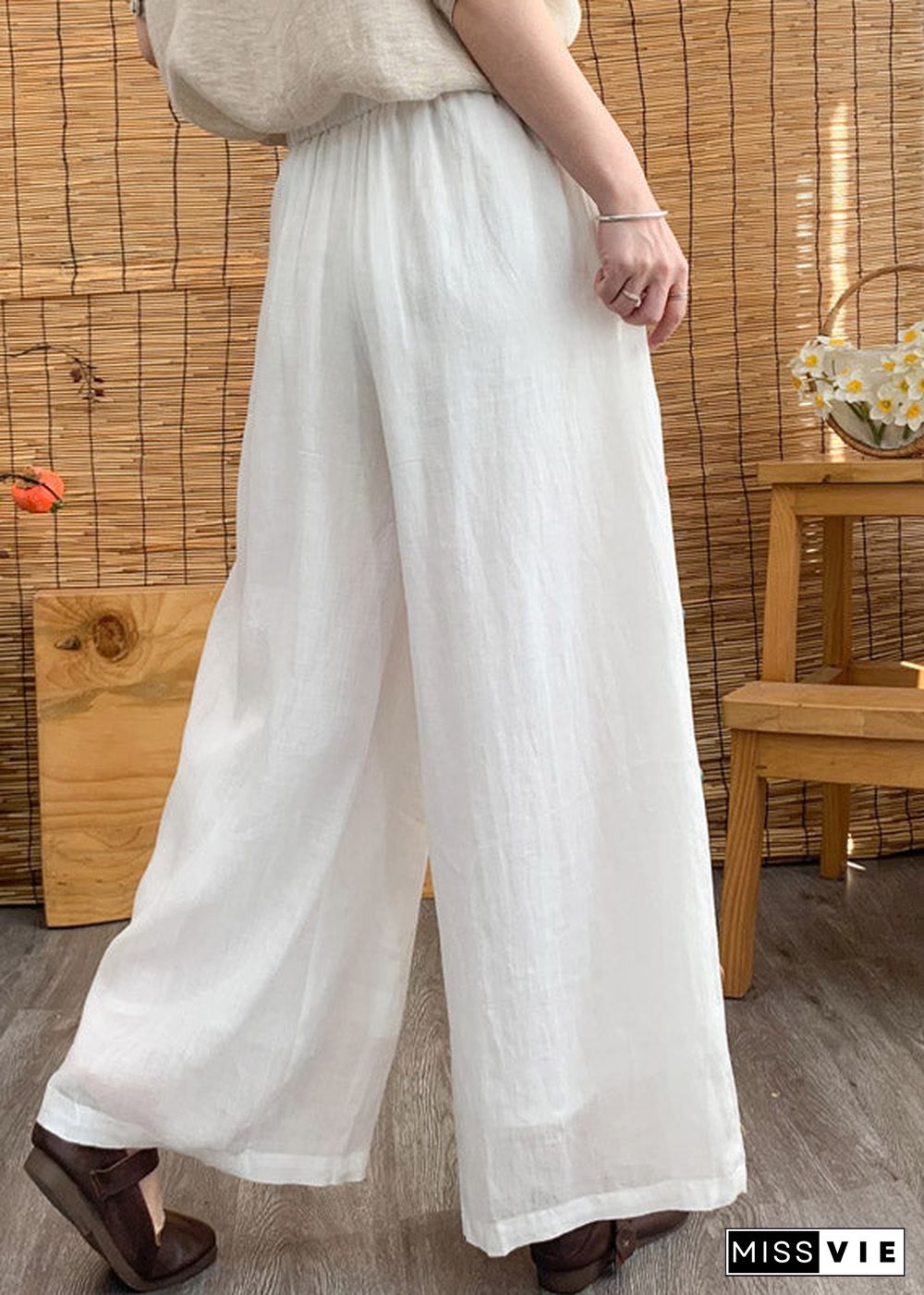 Elegant White Elastic Waist Linen Wide Leg Pants Summer