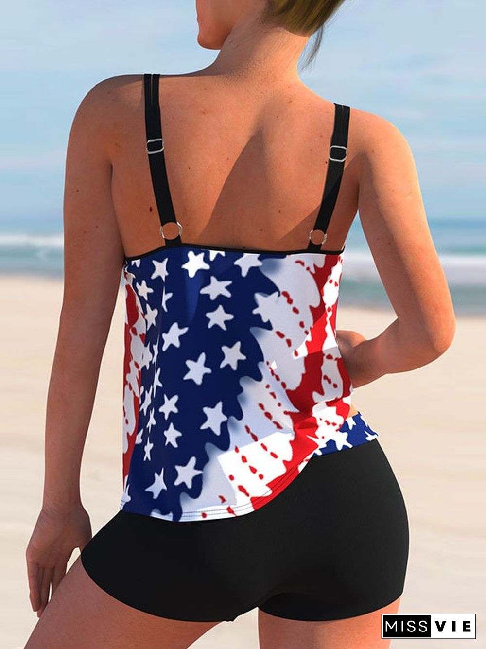 Plus Size Swimwear Sleeveless Colorblock Graphic Printed Tankini