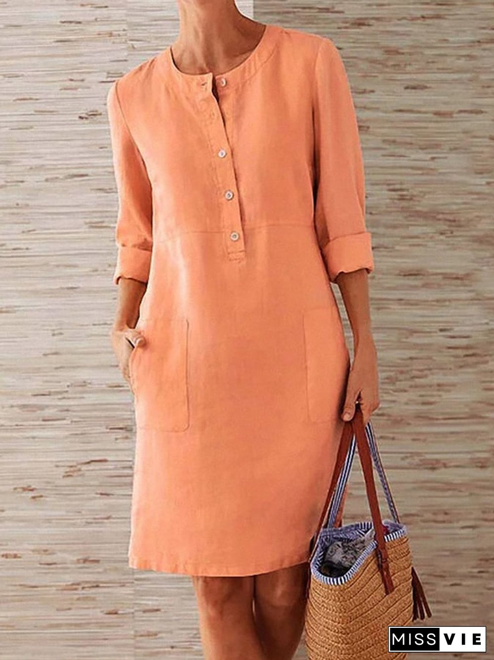 Ladies Cotton Linen Round Neck Long Sleeve Dress