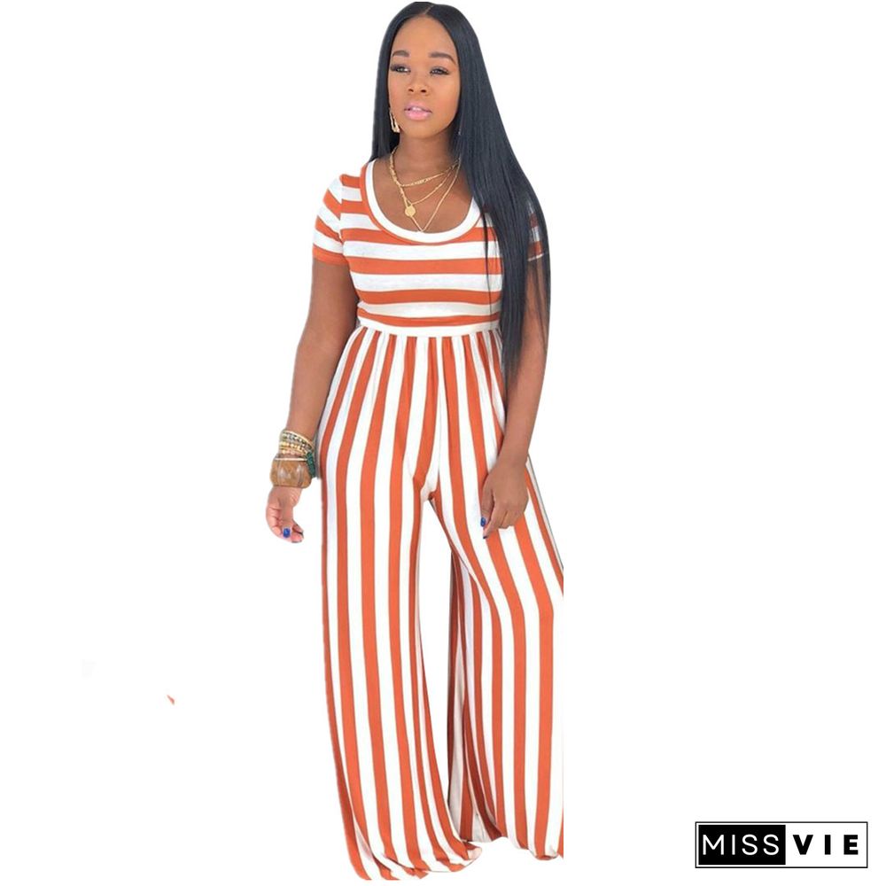 Striped Print Short Sleeve Wide Leg Jumpsuit