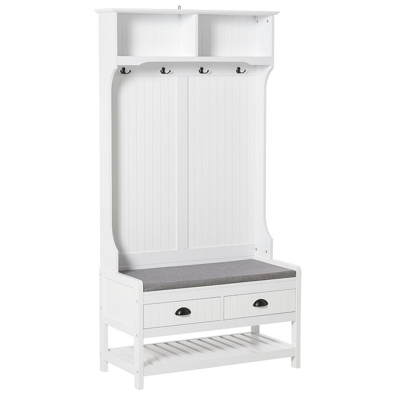 HOMCOM Coat Rack and Bench Hall Tree Organizer with 4 Hooks 2 Drawers with Padded Seat Cushions for Entryway White