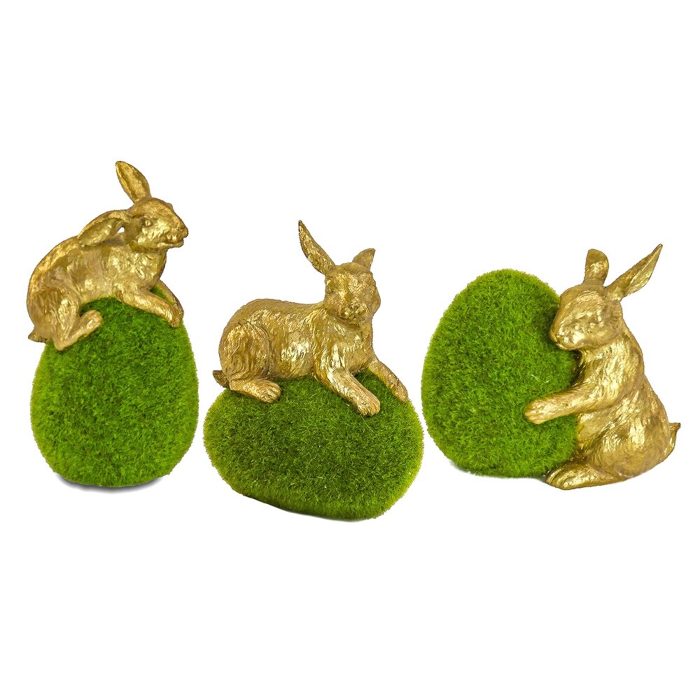 Gold Bunny with Green Moss Egg  Set of 3   7 in