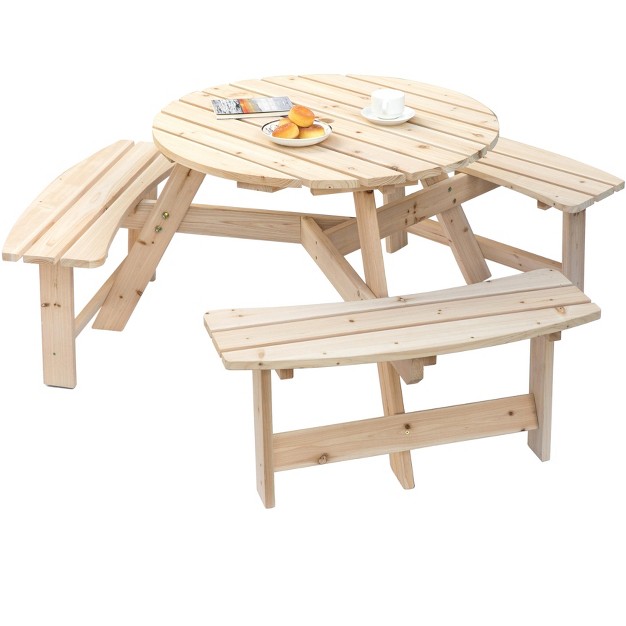 Gardenisedwooden Outdoor Round Picnic Table With Bench For Patio 6 Person With Umbrella Hole