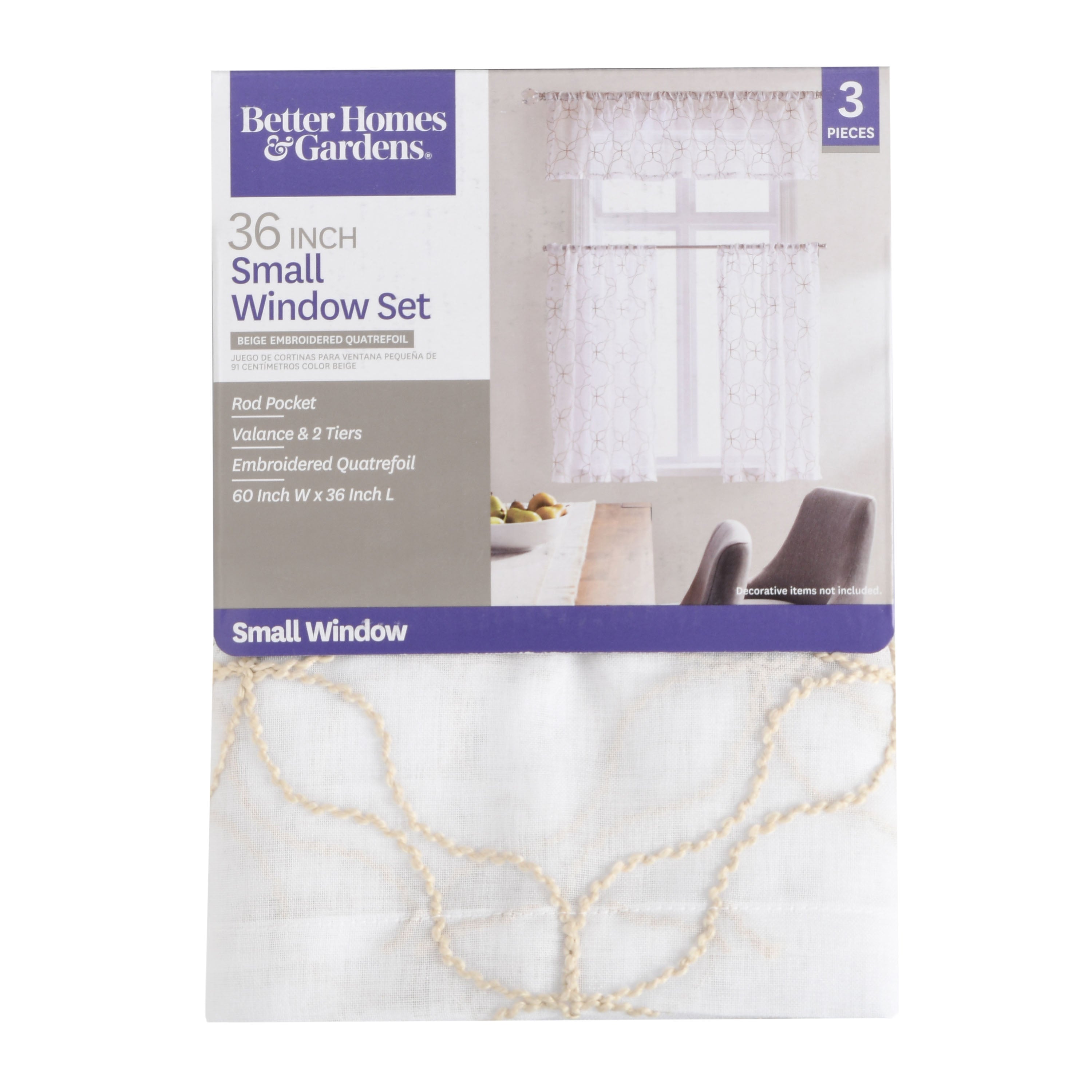 Better Homes & Gardens 3 Piece Sheer Quatrefoil Window Valance and Tier Set, Khaki, 36 x 60