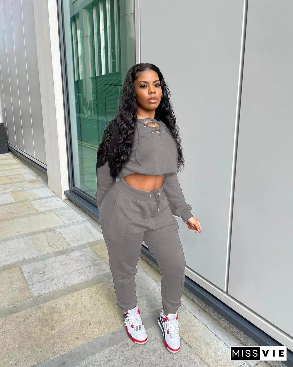 Long Sleeve Bandage Crop Top Sweatpants Set