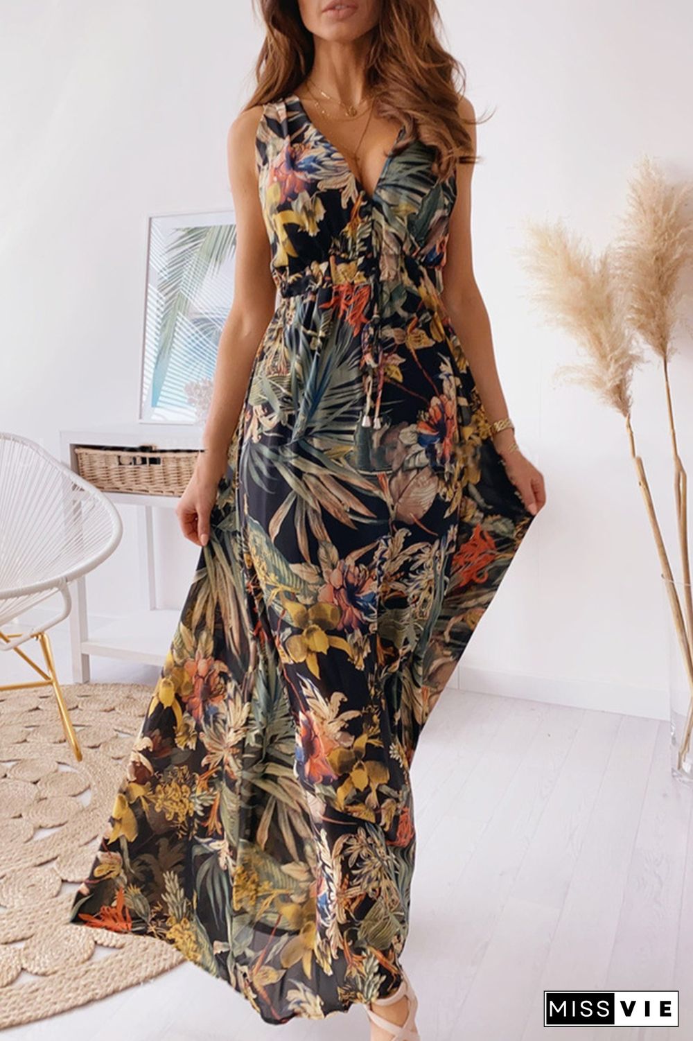 Casual Print Split Joint V Neck Waist Skirt Dresses