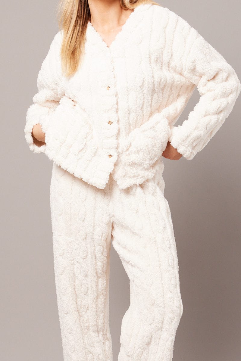 White Fluffy PJ Set Cable Fleece Pyjamas