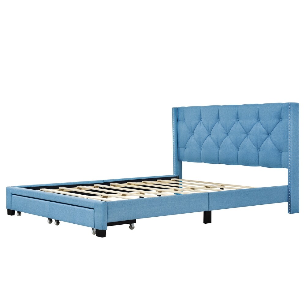 Elegant Queen Size Platform Storage Bed Frame Design Linen Upholstered Stitched Button Tufted Design Headboard with 2 Drawers