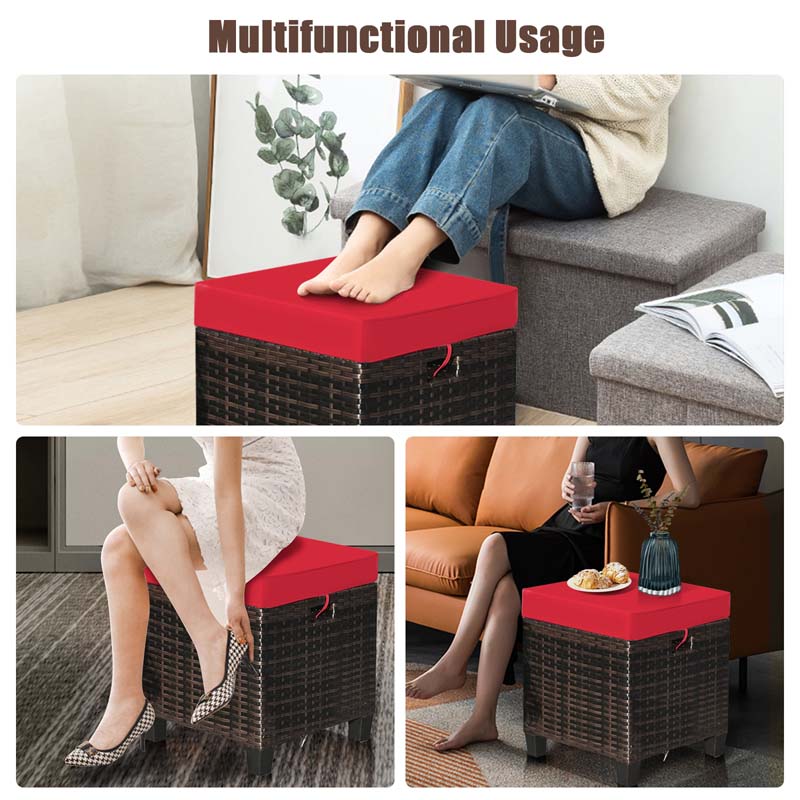 2 Pcs Rattan Patio Ottoman Set with Removable Cushions, All Weather Wicker Outdoor Footstool Footrest Seat