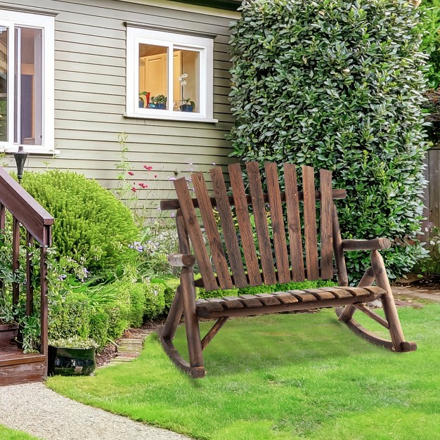 Outsunny Outdoor Adirondack Rocking Chair With Log Slatted Design 2 seat Patio Wooden Rocker Loveseat With High Back For Lawn Backyard Garden