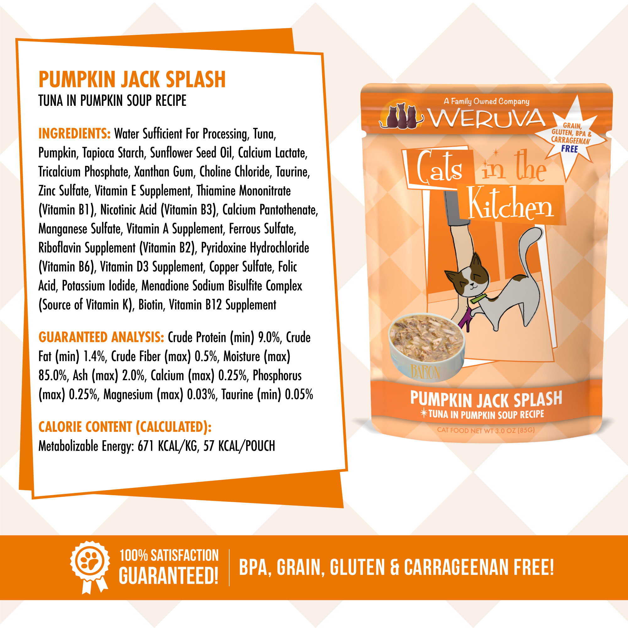 Cats in the Kitchen Originals Pumpkin Jack Splash Tuna in Pumpkin Soup Recipe Wet Cat Food， 3 oz.， Case of 12