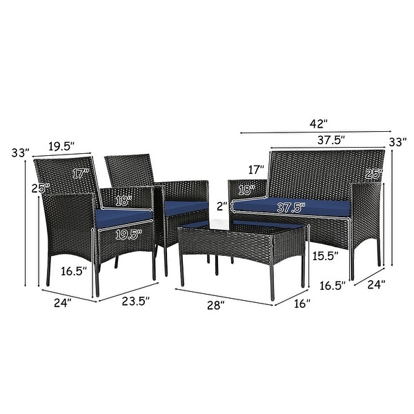 Gymax 4PCS Outdoor Furniture Set Patio Rattan Conversation Set w/ Navy