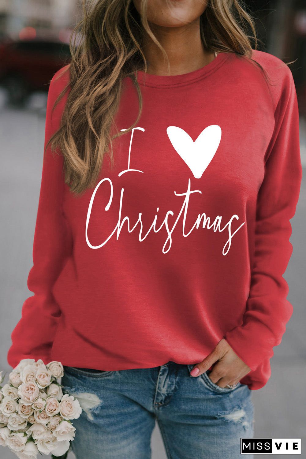 Red I Love Christmas Graphic Print Sweatshirt