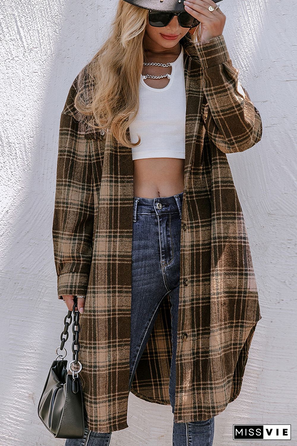 Plaid Long Length Open Button Jacket Coats