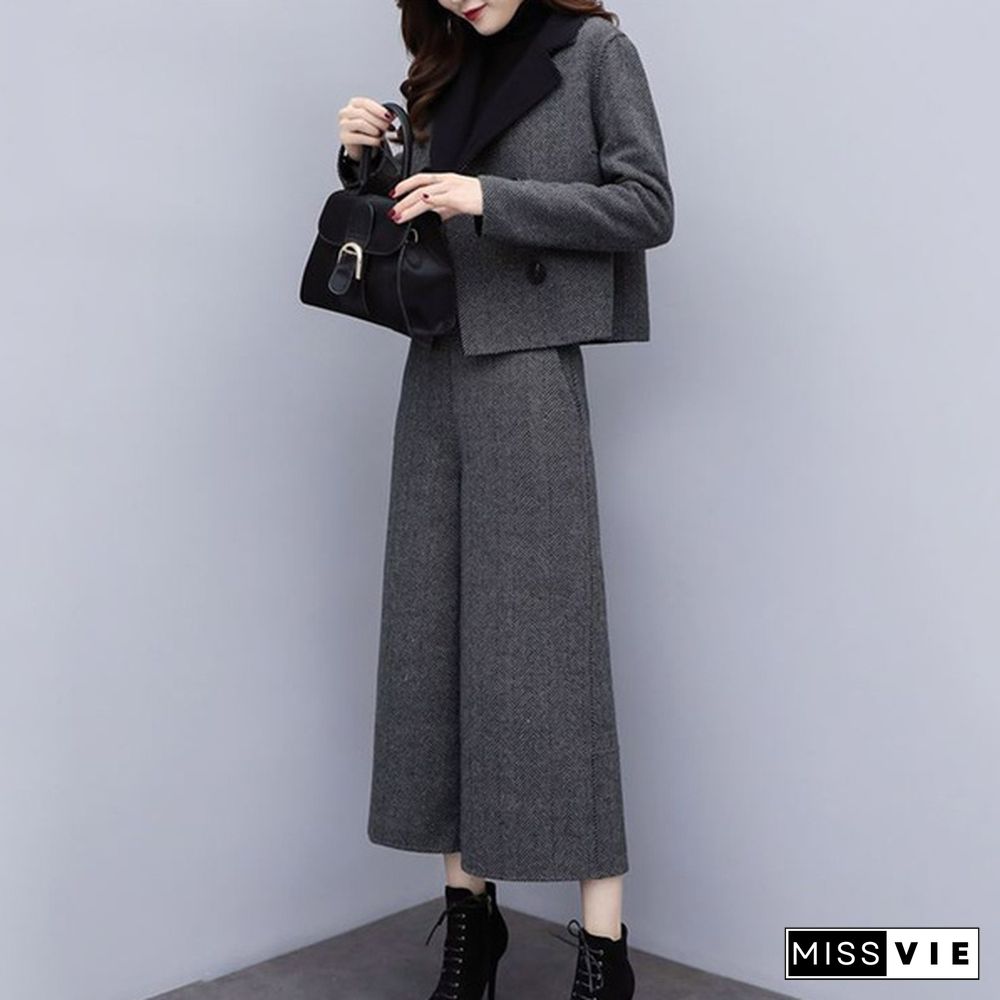 Autumn Winter Woolen Two Piece Sets Outfits Women Plus Size Short Coat And Wide Leg Pants Suits Elegant Office Korean Sets