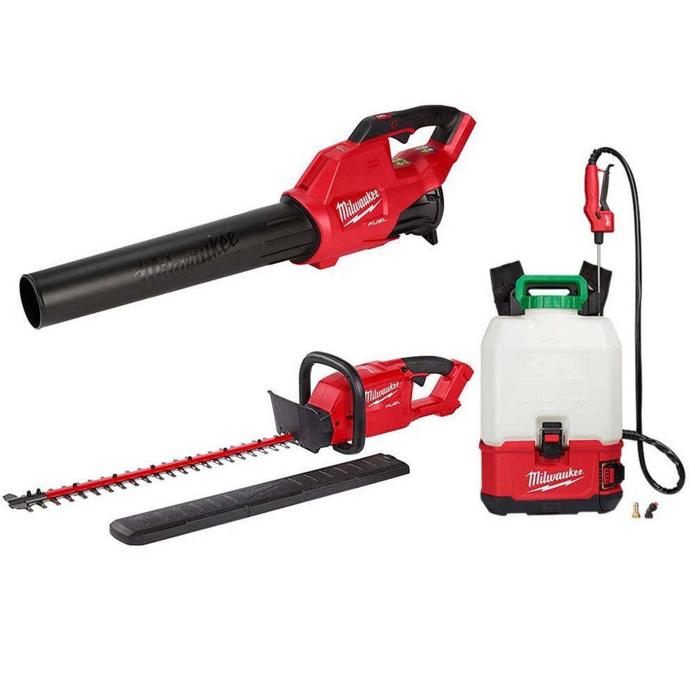 MW M18 FUEL 120 MPH 450 CFM 18-Volt Lithium-Ion Brushless Cordless Handheld BlowerHedge Trimmer and Sprayer Kit 2724-20-2820-20PS-2726-20