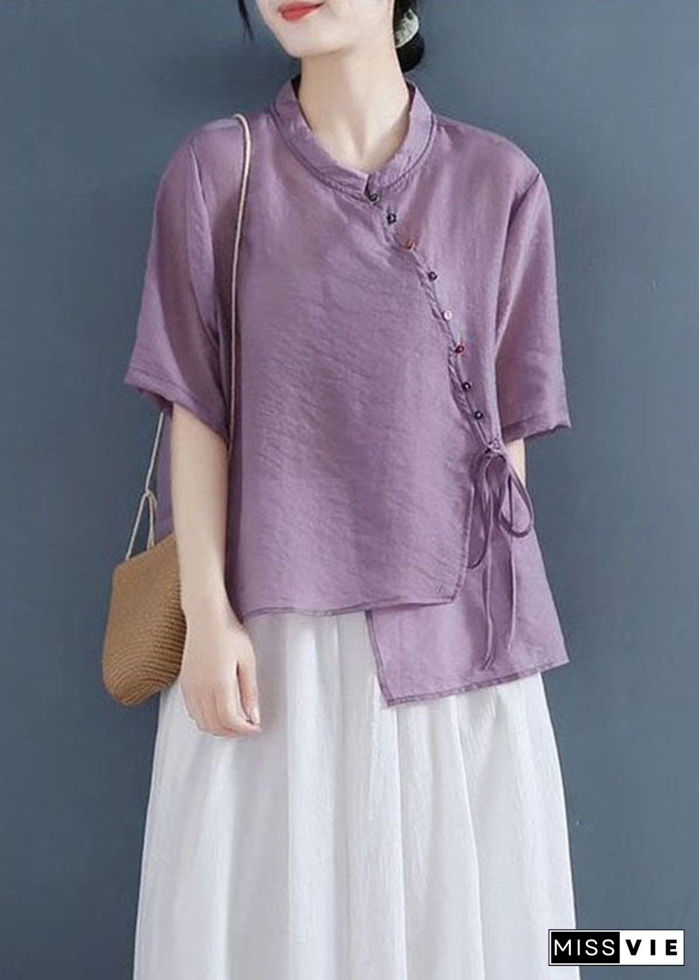 Solid Purple Patchwork Shirt Top Chinese Style Button Half Sleeve