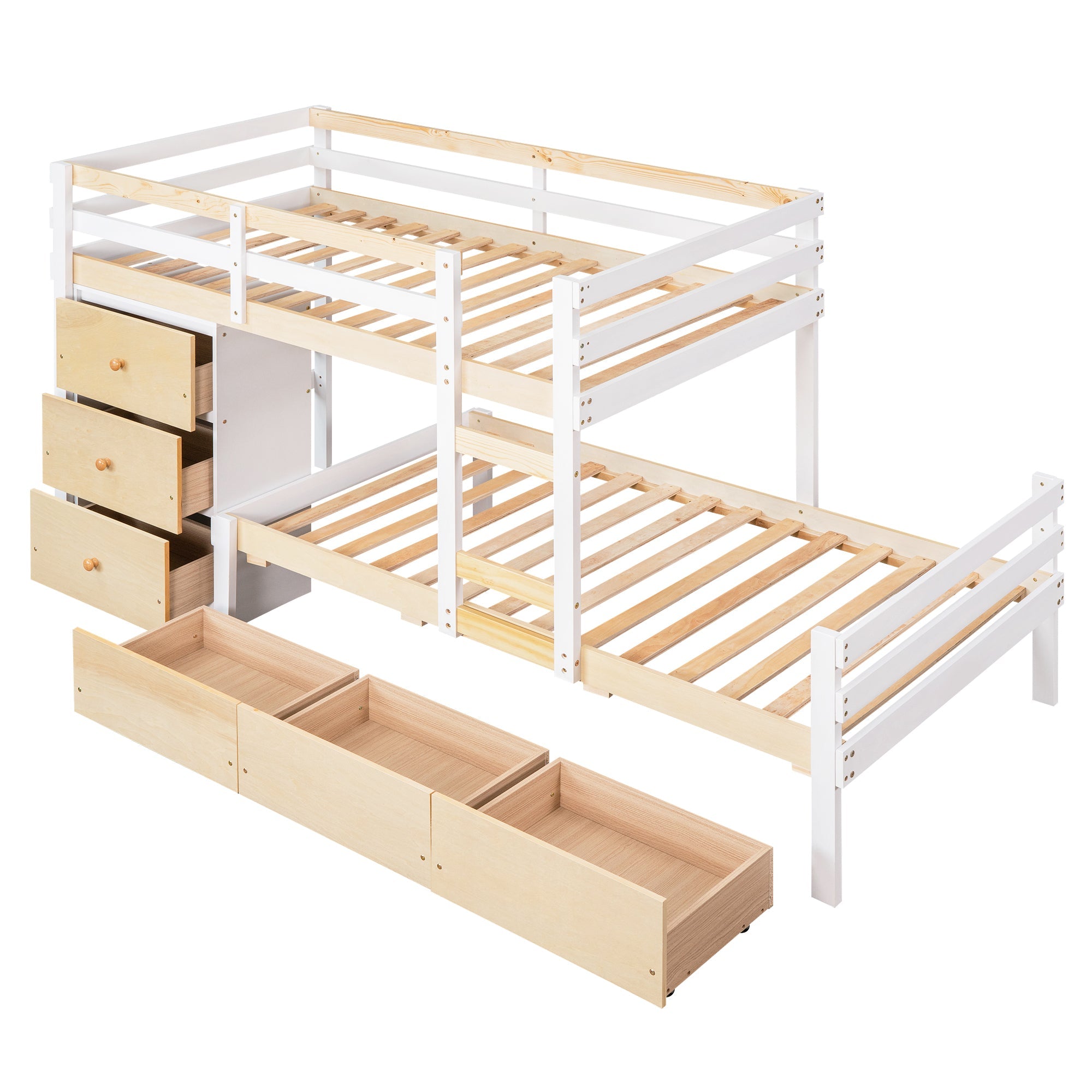 Twin over Twin Bunk Bed with Six Drawers for Kids Room, Natural