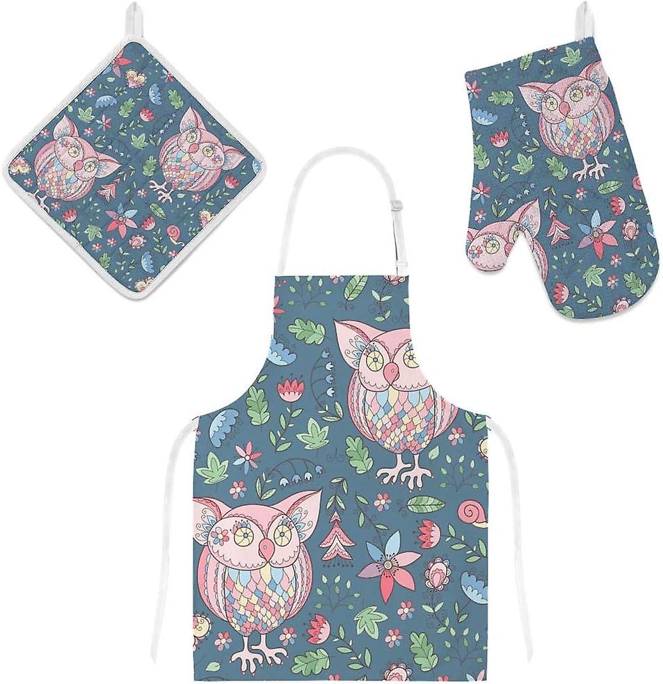 Insulation Kitchen Oven Mitts Potholder Apron 3pcs Set Cute Owls And Flowers Leaves Non Slip Heat Resistant Gloves For Baking Cooking Bbq