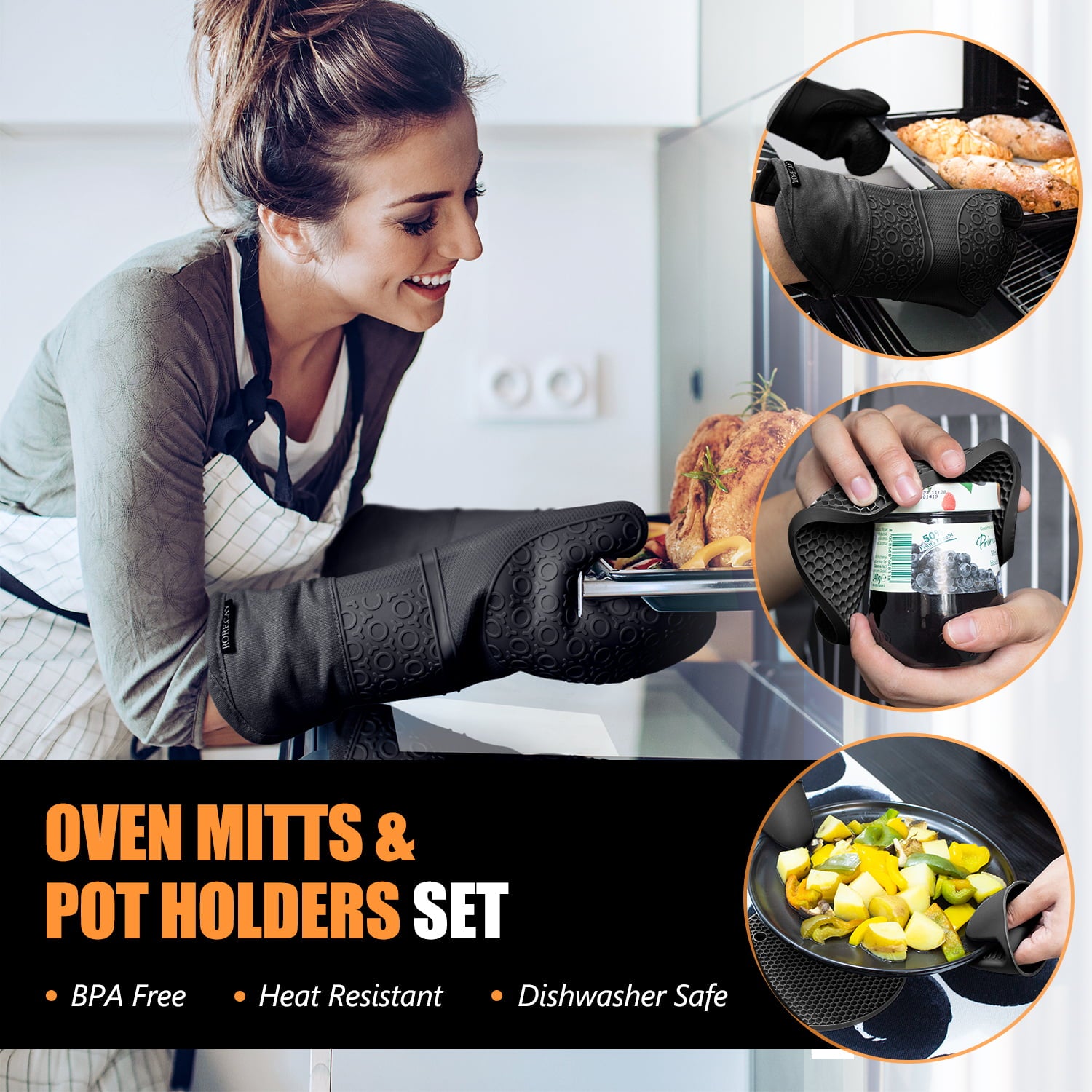 Extra Long Oven Mitts and Pot Holders Sets， RORECAY Heat Resistant Silicone Oven Mittens with Mini Oven Gloves and Hot Pads Potholders for Kitchen Baking Cooking， Quilted Liner， Black， Pack of 6