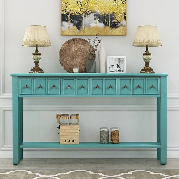 Rustic Entryway Console Table with two Different Size Drawers and Bottom Shelf