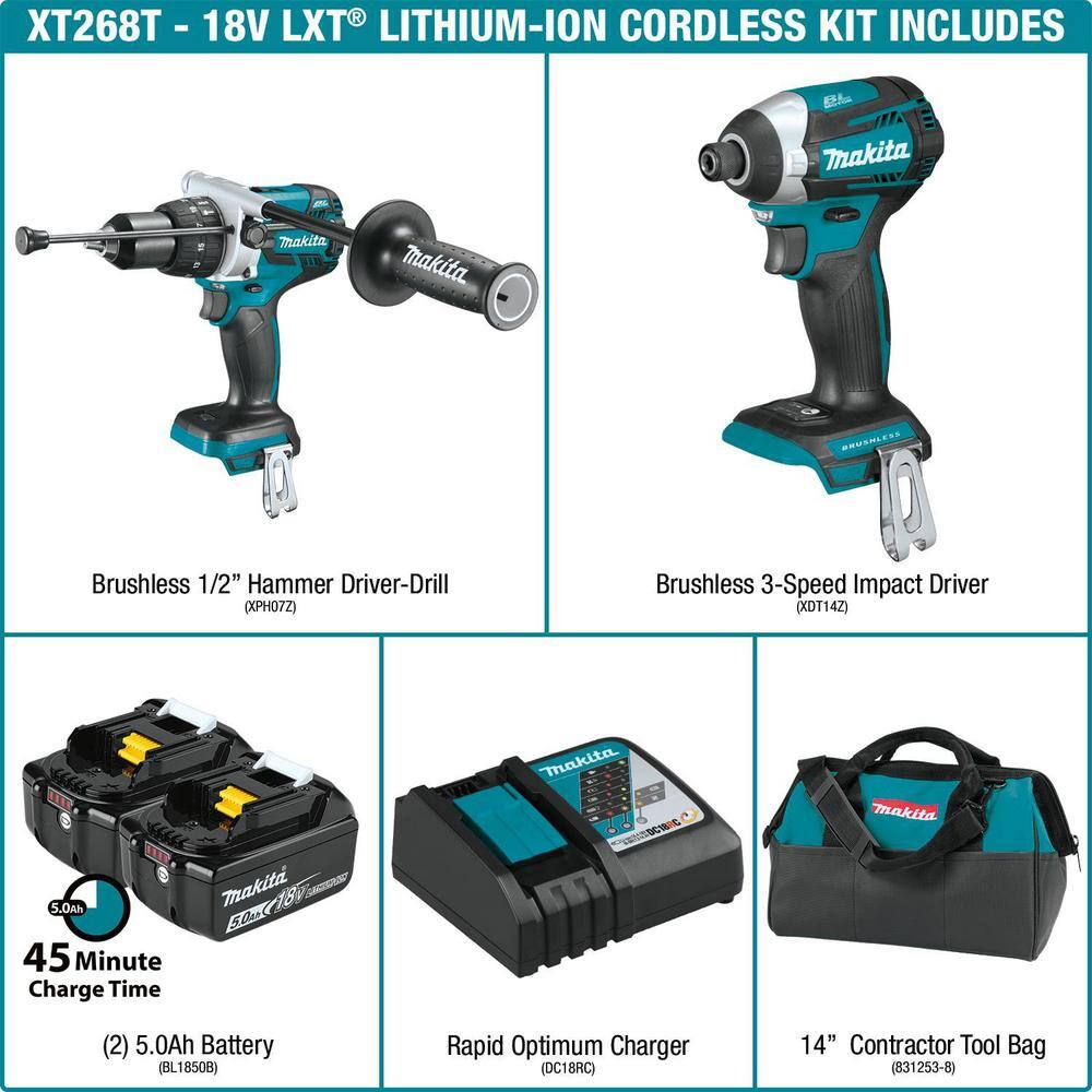 Makita 18V LXT 5.0Ah Lithium-ion Brushless Cordless Combo Kit 2-Piece (Hammer DrillImpact Driver) XT268T