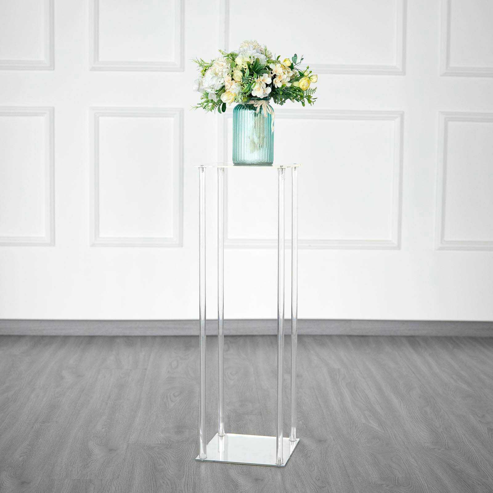 Clear Acrylic Floor Vase Flower Stand With Square Mirror Base, Wedding Column 32