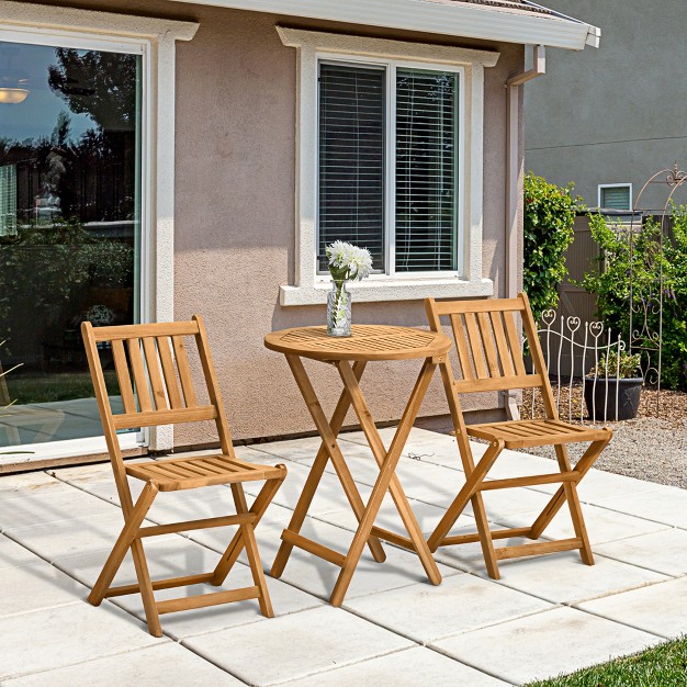 Outsunny Bistro Table And Chairs Set Of 2 Acacia Wood Patio Table Wooden Folding Chairs Varnished 3 Piece Outdoor Furniture Set Slatted Teak