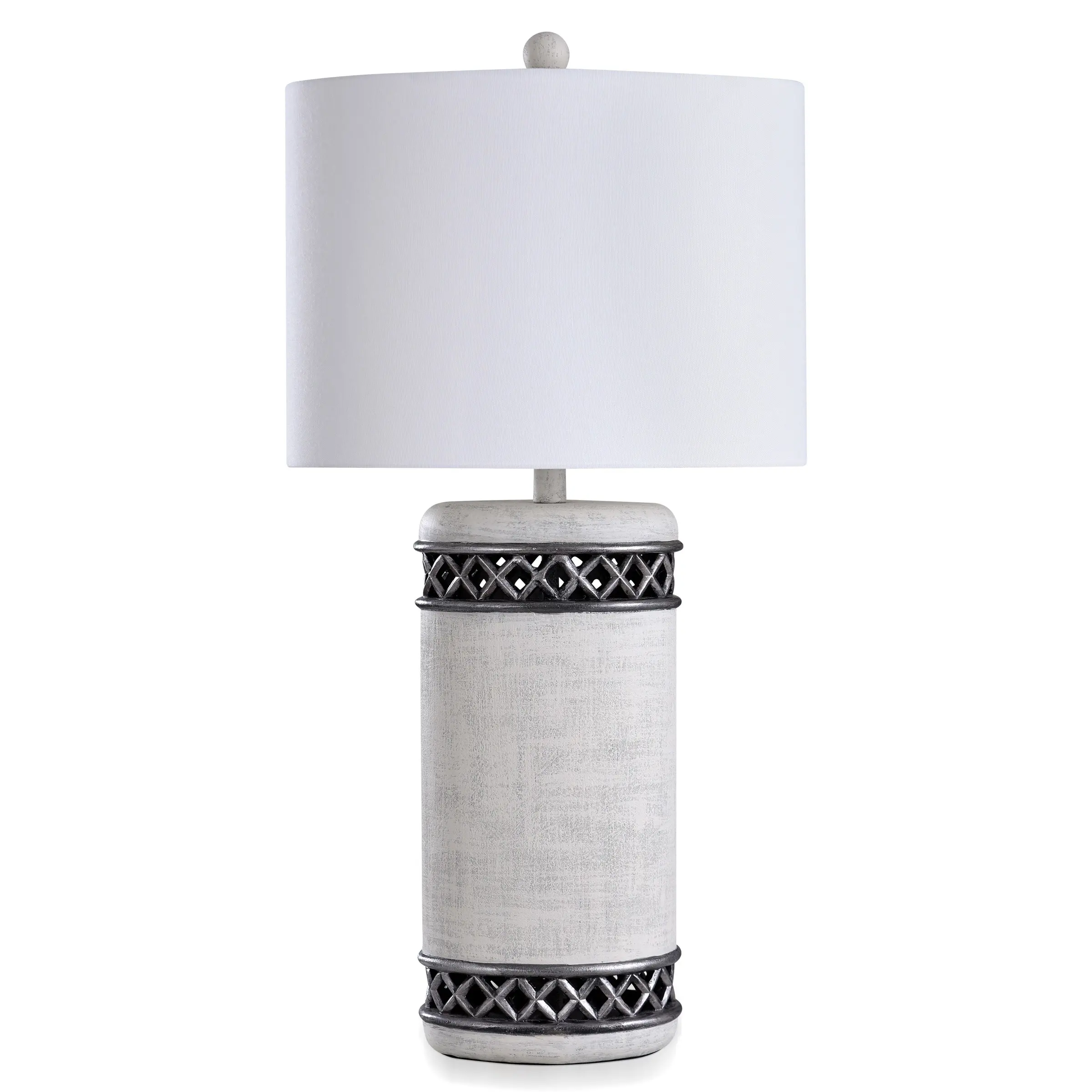 Asher - Painted Finish Lattice Banded Open Work Table Lamp - White Distressing， Metallic Silver - White Linen Shade