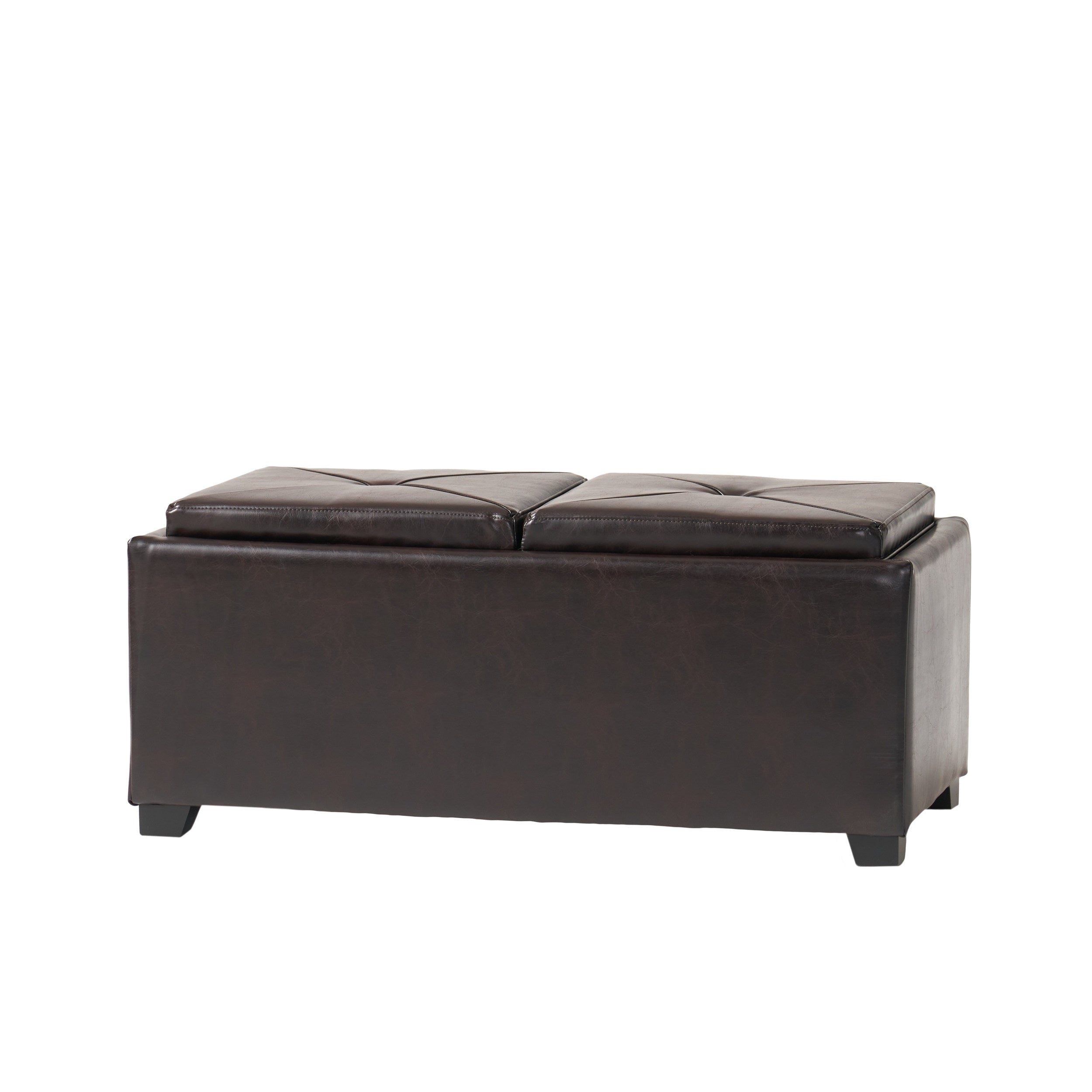 Contemporary Rectangular Storage Ottoman Leather 2-Tray-Top Coffee Table