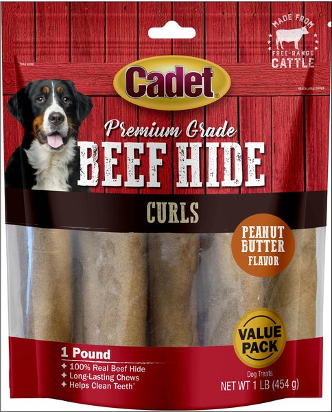 Cadet Premium Grade Beef Hide Chew Curls Dog Treats， Peanut Butter， 1-lb bag