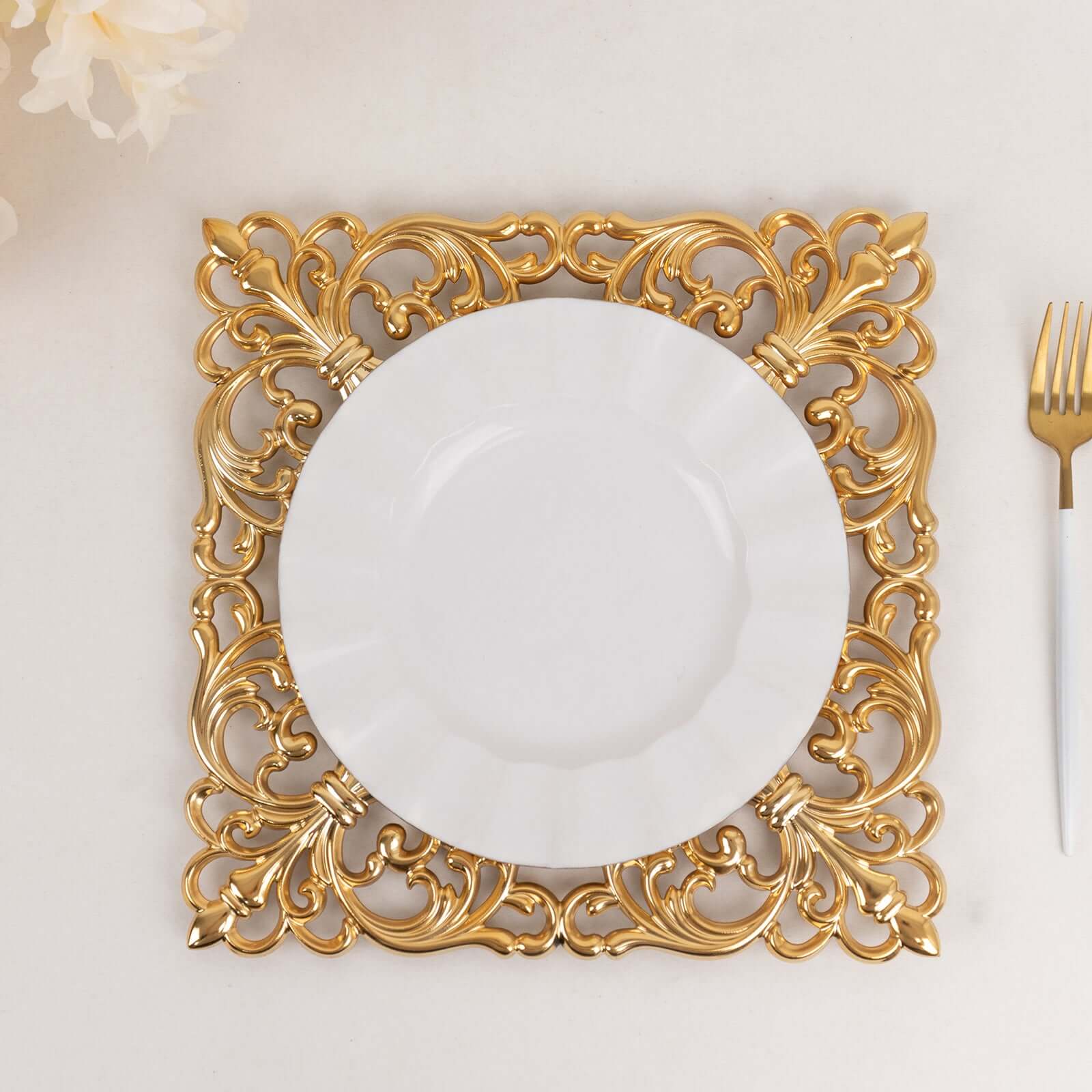 6 Pack Gold Square Acrylic Charger Plates with Hollow Lace Border, Dinner Chargers Event Tabletop Decor - 12