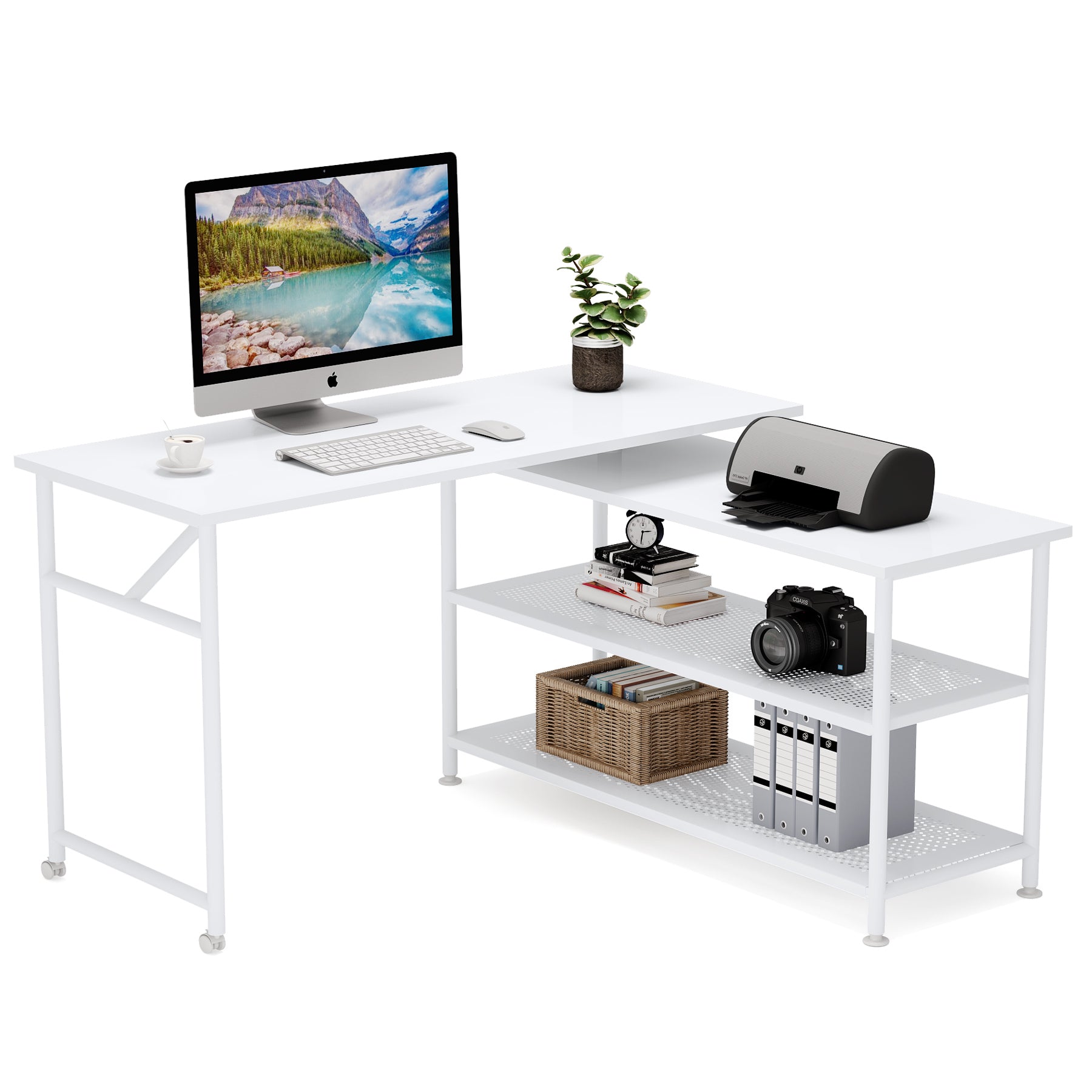 360° Rotating Desk, Modern L-Shaped Desk with Storage Shelves