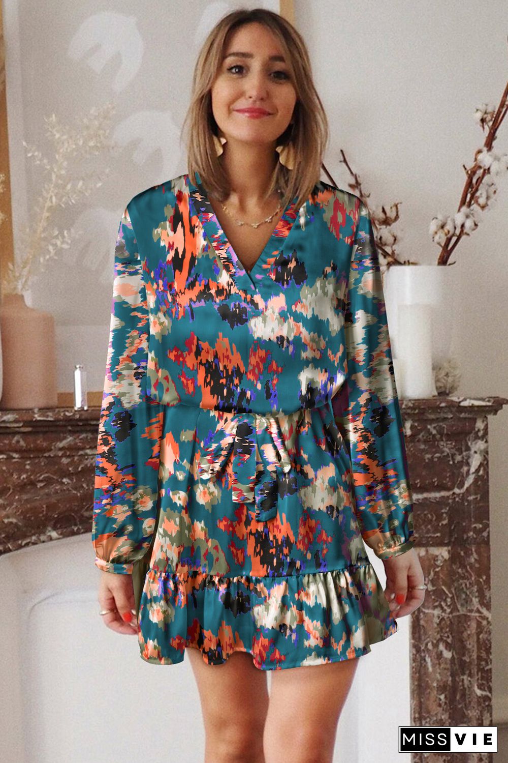 Blue Abstract Print Ruffled Drawstring High Waist Mini Dress