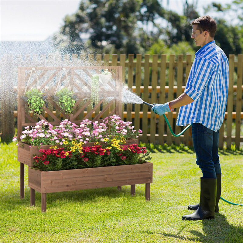 2-Tier Raised Garden Bed with Trellis Outdoor Wooden Elevated Planter Box for Vegetables