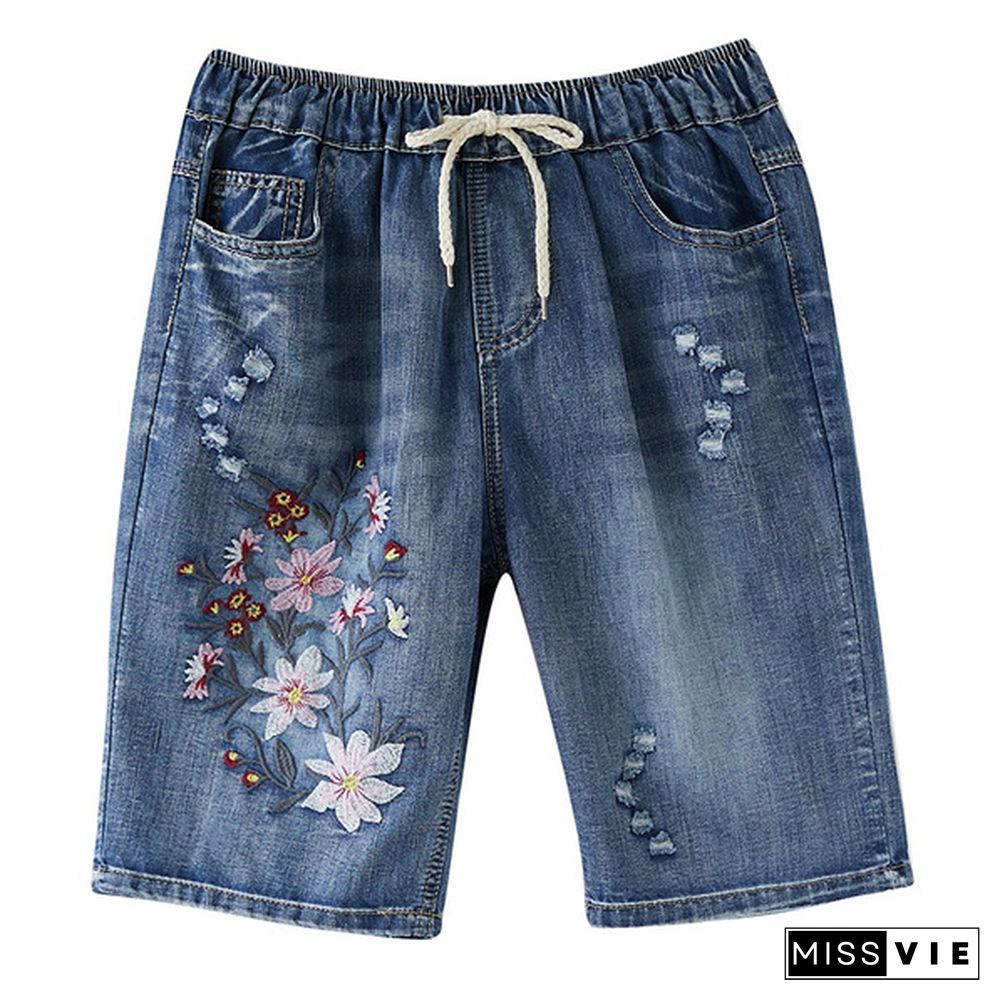 Women Summer Folk Style Elastic Waist Floral Embroidery Drawstring Ripped Shorts Female Office Lady Casual Loose Denim Short