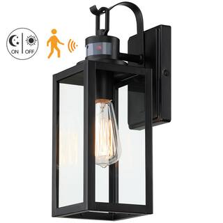 Uixe 15 in. 1-Light Matte Black Motion Sensing Outdoor Wall Lantern Sconce Dusk to Dawn with Clear Glass SSL-12151-MS