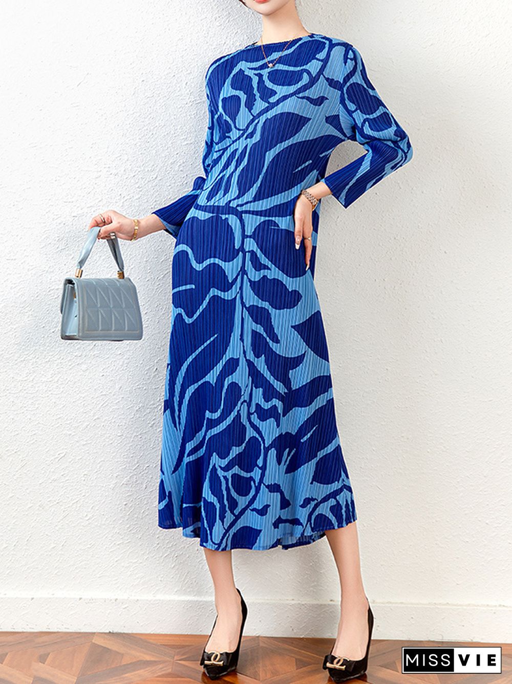 Fashion Floral Printed Pleated Long Sleeves Midi Dress