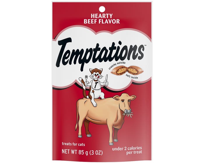 Temptations Hearty Beef Flavor Cat Treats， 3 oz. Pouch