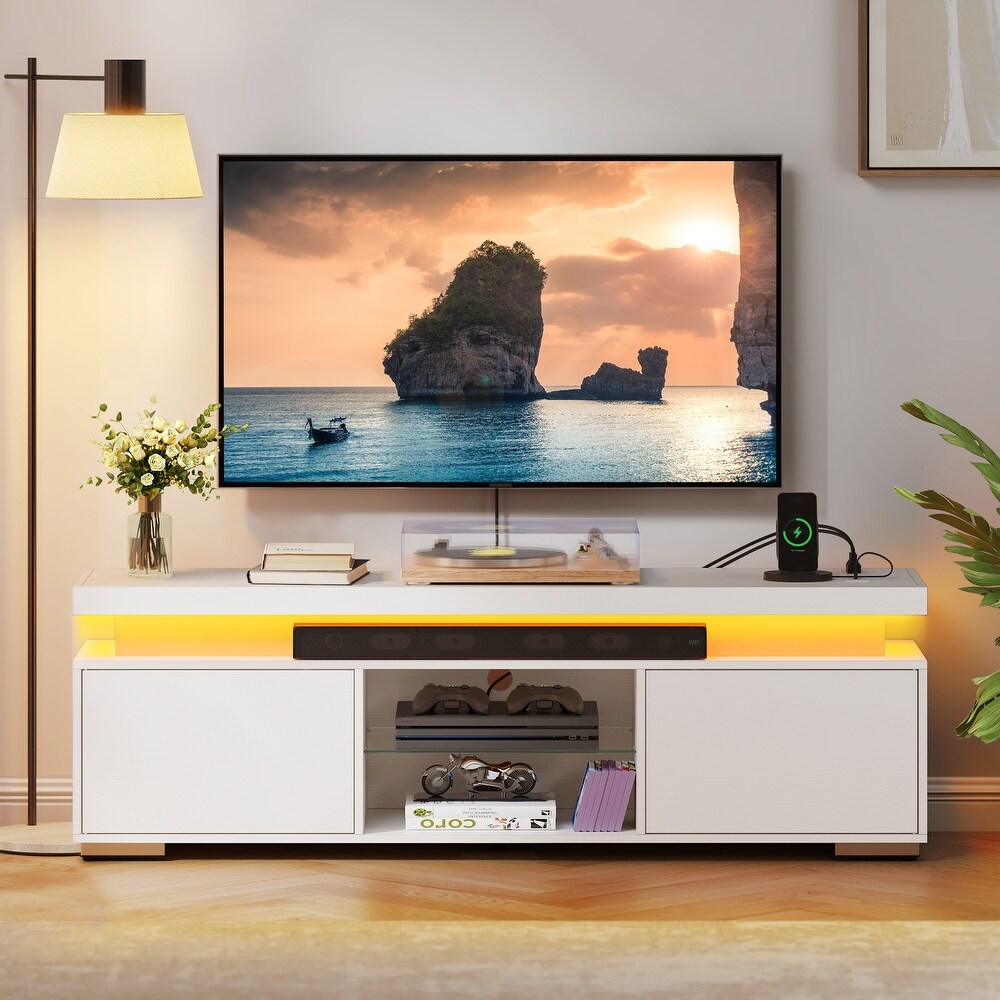 Modern LED Entertainment Center TV Stand Media Console with Power Outlets USB Port