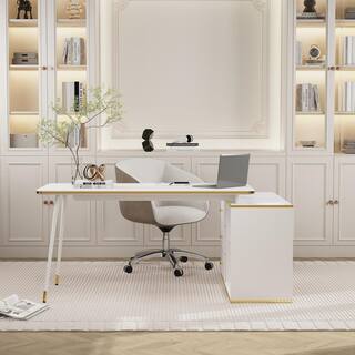 FUFUGAGA 55.1 in. Width L-Shaped White And Golden Wooden 3-Drawer Writing Desk Computer Desk with 2 Open Shelves LBB-KF020288-01